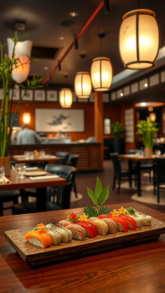 Interior of a sushi restaurant with wooden decor, ambient lighting, and a vibrant sushi platter.